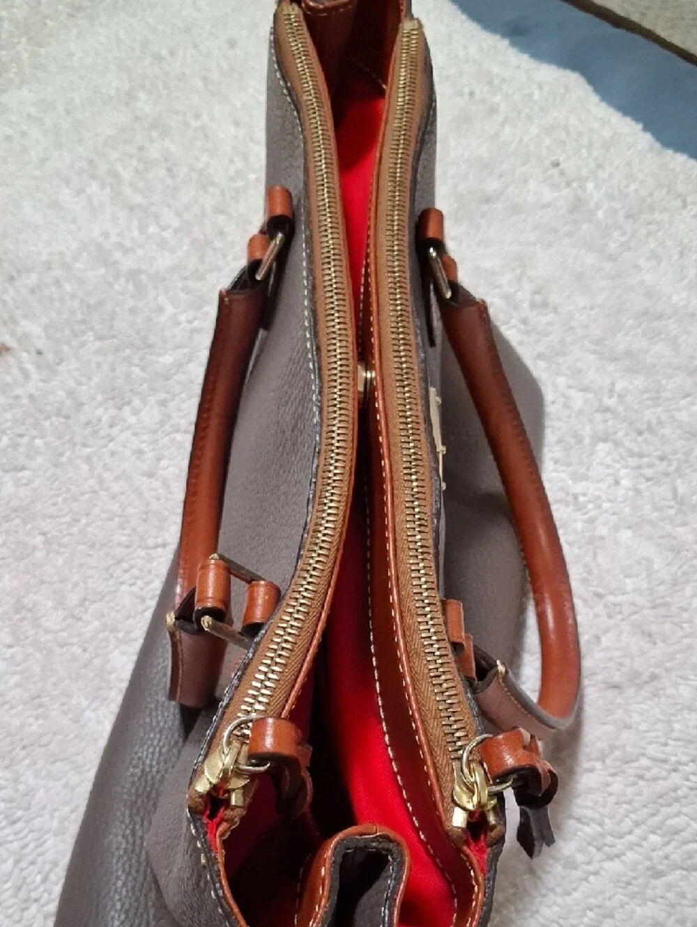 Dooney & Bourke Brown Pebble Leather Tote with Tan Trim - Picture 5 of 15